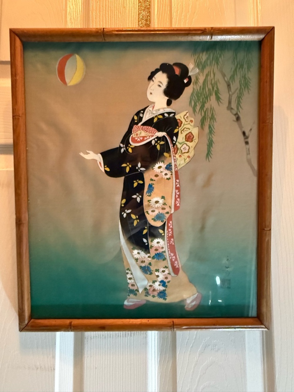 Japanese or Chinese artwork depicts the Madonna and Child painted on silk panel
